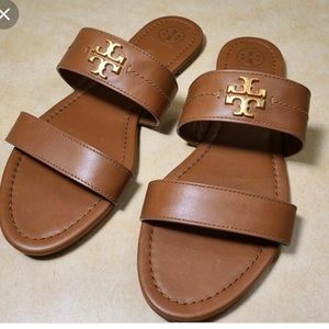 TORY BURCH Everly Leather Slide sandal 2 strap in tan brown color